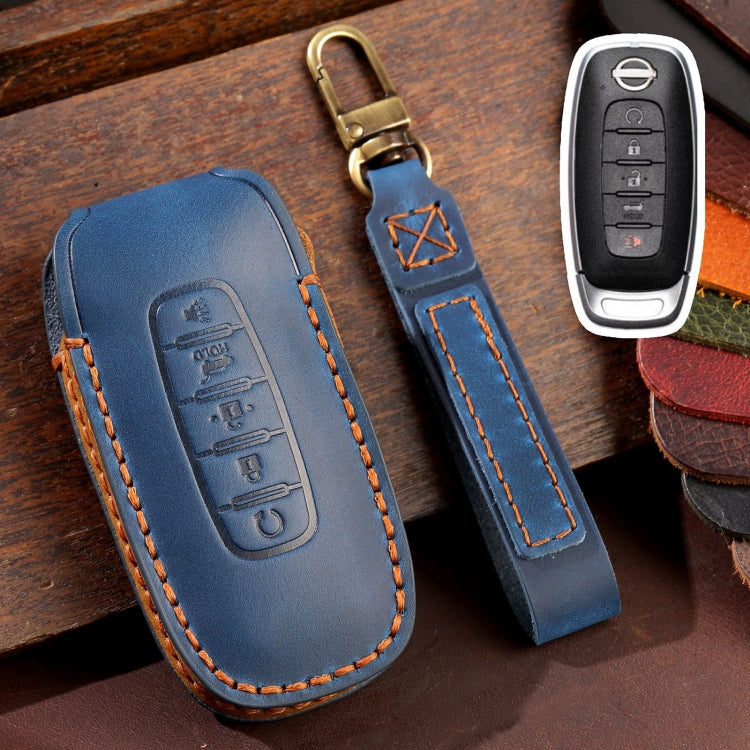 For Nissan Teana / Ariya 5-button Start Hallmo Car Cowhide Leather Key Protective Cover Key Case(Blue) - Car Key Cases by Hallmo | Online Shopping South Africa | PMC TechLife | Buy Now Pay Later Mobicred