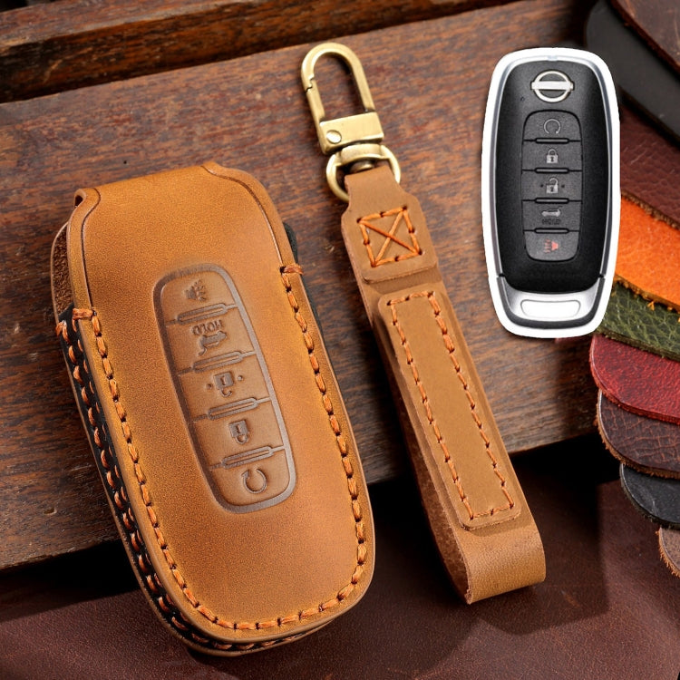 For Nissan Teana / Ariya 5-button Start Hallmo Car Cowhide Leather Key Protective Cover Key Case(Brown) - Car Key Cases by Hallmo | Online Shopping South Africa | PMC TechLife | Buy Now Pay Later Mobicred