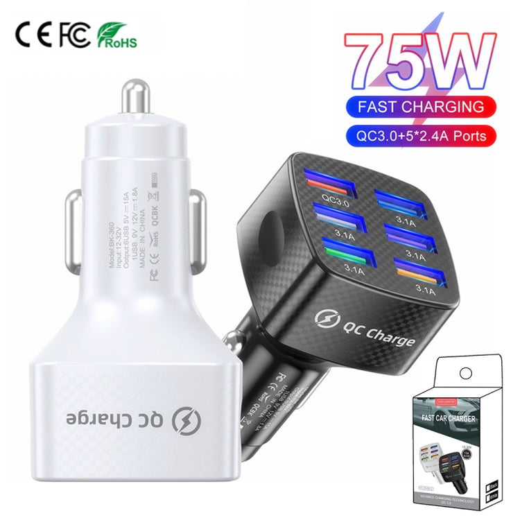 BK-360 6 in 1 QC3.0+3.1A USB luminescent Car Charger (White) - Car Charger by PMC TechLife | Online Shopping South Africa | PMC TechLife | Buy Now Pay Later Mobicred