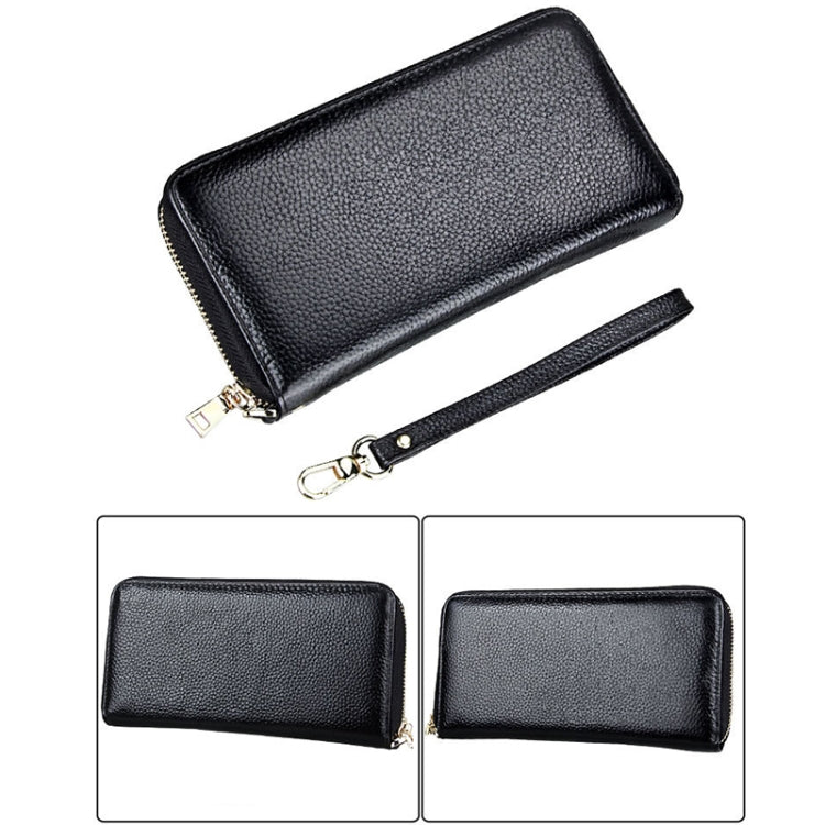 Genuine Cowhide Leather Litchi Texture Zipper Long Style Card Holder Wallet RFID Blocking Coin Purse Card Bag Protect Case with Hand Strap for Women, Size: 20*10.5*3cm(Black) - free shipping - PMC Jewellery - Order now!