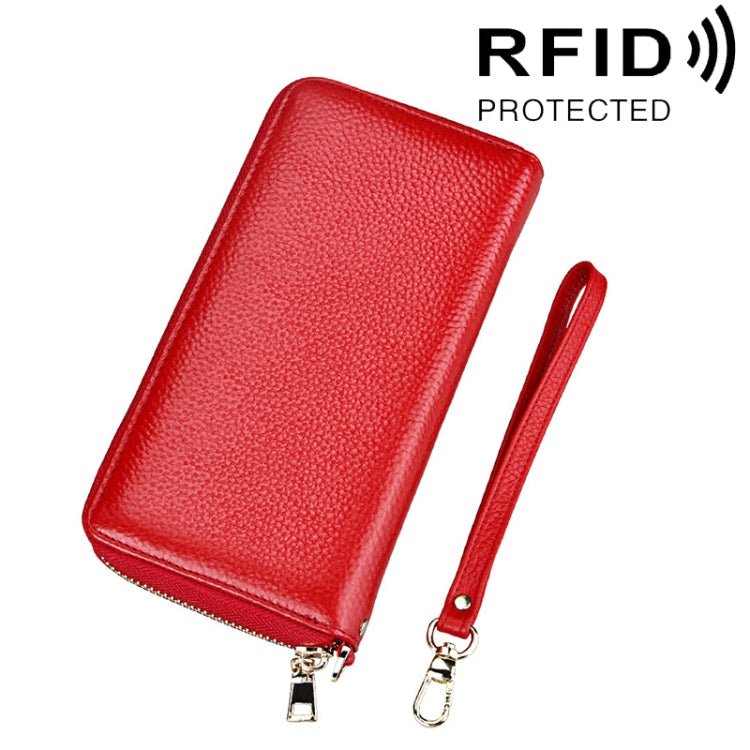 Genuine Cowhide Leather Litchi Texture Zipper Long Style Card Holder Wallet RFID Blocking Coin Purse Card Bag Protect Case with Hand Strap for Women, Size: 20*10.5*3cm(Red) - free shipping - PMC Jewellery - Order now!