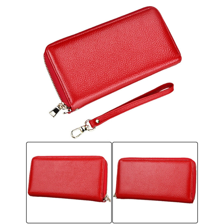 Genuine Cowhide Leather Litchi Texture Zipper Long Style Card Holder Wallet RFID Blocking Coin Purse Card Bag Protect Case with Hand Strap for Women, Size: 20*10.5*3cm(Red) - free shipping - PMC Jewellery - Order now!