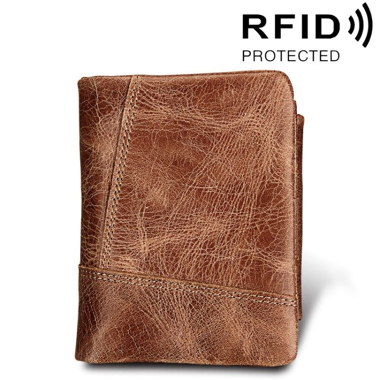 Genuine Cowhide Leather Crazy Horse Texture Zipper 3-folding Short Style Card Holder Wallet RFID Blocking Coin Purse Card Bag Protect Case for Men, Size: 12*9.5*4cm(Taupe) - free shipping - PMC Jewellery - Order now!
