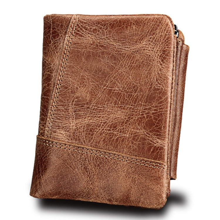Genuine Cowhide Leather Crazy Horse Texture Zipper 3-folding Short Style Card Holder Wallet RFID Blocking Coin Purse Card Bag Protect Case for Men, Size: 12*9.5*4cm(Taupe) - free shipping - PMC Jewellery - Order now!