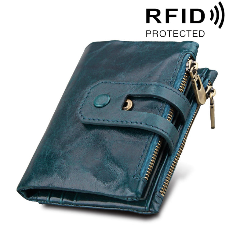 Genuine Cowhide Leather Crazy Horse Texture Zipper 3-folding Card Holder Wallet RFID Blocking Coin Purse Card Bag Protect Case for Men, Size: 12*9.5*3.5cm(Blue) - free shipping - PMC Jewellery - Order now!