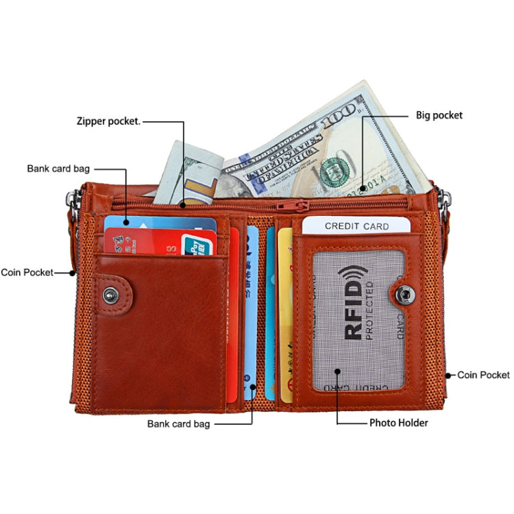 Genuine Cowhide Leather Crazy Horse Texture Dual Zipper Short Style Card Holder Wallet RFID Blocking Card Bag Protect Case for Men, Size: 12.1*9.4*2.7cm(Orange) - free shipping - PMC Jewellery - Order now!