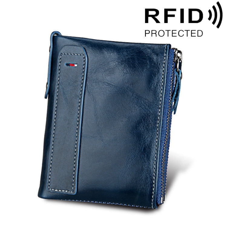 Genuine Cowhide Leather Crazy Horse Texture Dual Zipper Short Style Card Holder Wallet RFID Blocking Card Bag Protect Case for Men, Size: 12.1*9.4*2.7cm(Blue) - free shipping - PMC Jewellery - Order now!