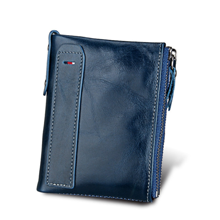 Genuine Cowhide Leather Crazy Horse Texture Dual Zipper Short Style Card Holder Wallet RFID Blocking Card Bag Protect Case for Men, Size: 12.1*9.4*2.7cm(Blue) - free shipping - PMC Jewellery - Order now!