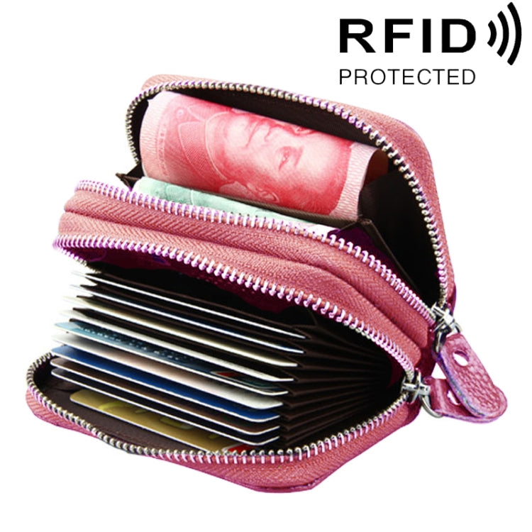 Genuine Leather Dual Layer Zipper Card Holder Wallet RFID Blocking Purse, Size: 10.5x7.0x4.0cm(Pink) - free shipping - PMC Jewellery - Order now!