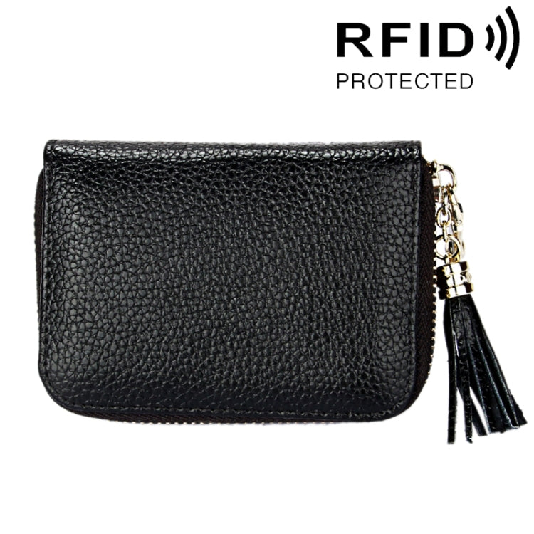Genuine Cowhide Leather Solid Color Zipper Card Holder Wallet RFID Blocking Card Bag Protect Case Coin Purse with Tassel Pendant & 15 Card Slots for Women, Size: 11.1*7.6*3.5cm(Black) - free shipping - PMC Jewellery - Order now!