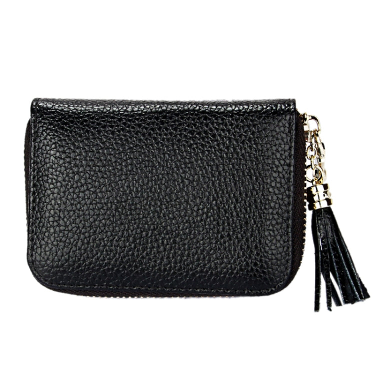 Genuine Cowhide Leather Solid Color Zipper Card Holder Wallet RFID Blocking Card Bag Protect Case Coin Purse with Tassel Pendant & 15 Card Slots for Women, Size: 11.1*7.6*3.5cm(Black) - free shipping - PMC Jewellery - Order now!