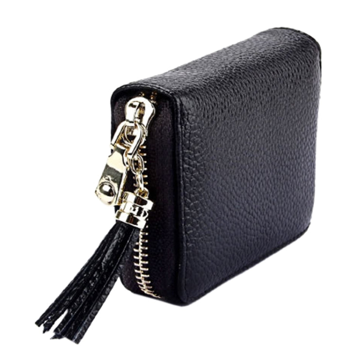 Genuine Cowhide Leather Solid Color Zipper Card Holder Wallet RFID Blocking Card Bag Protect Case Coin Purse with Tassel Pendant & 15 Card Slots for Women, Size: 11.1*7.6*3.5cm(Black) - free shipping - PMC Jewellery - Order now!