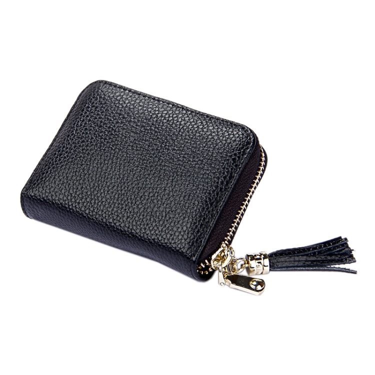 Genuine Cowhide Leather Solid Color Zipper Card Holder Wallet RFID Blocking Card Bag Protect Case Coin Purse with Tassel Pendant & 15 Card Slots for Women, Size: 11.1*7.6*3.5cm(Black) - free shipping - PMC Jewellery - Order now!