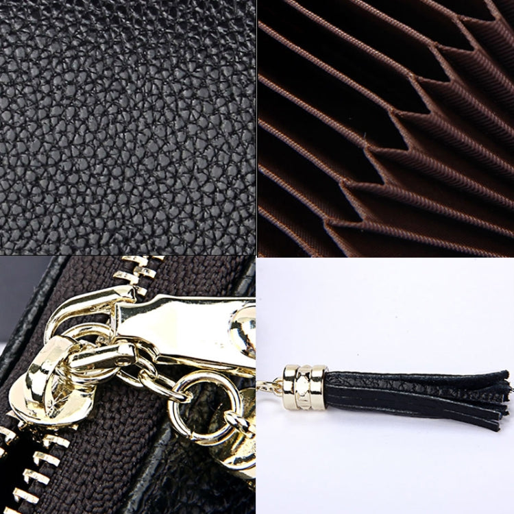 Genuine Cowhide Leather Solid Color Zipper Card Holder Wallet RFID Blocking Card Bag Protect Case Coin Purse with Tassel Pendant & 15 Card Slots for Women, Size: 11.1*7.6*3.5cm(Black) - free shipping - PMC Jewellery - Order now!