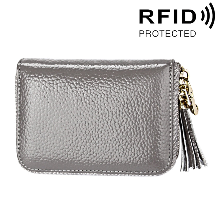 Genuine Cowhide Leather Solid Color Zipper Card Holder Wallet RFID Blocking Card Bag Protect Case Coin Purse with Tassel Pendant & 15 Card Slots for Women, Size: 11.1*7.6*3.5cm(Grey) - free shipping - PMC Jewellery - Order now!