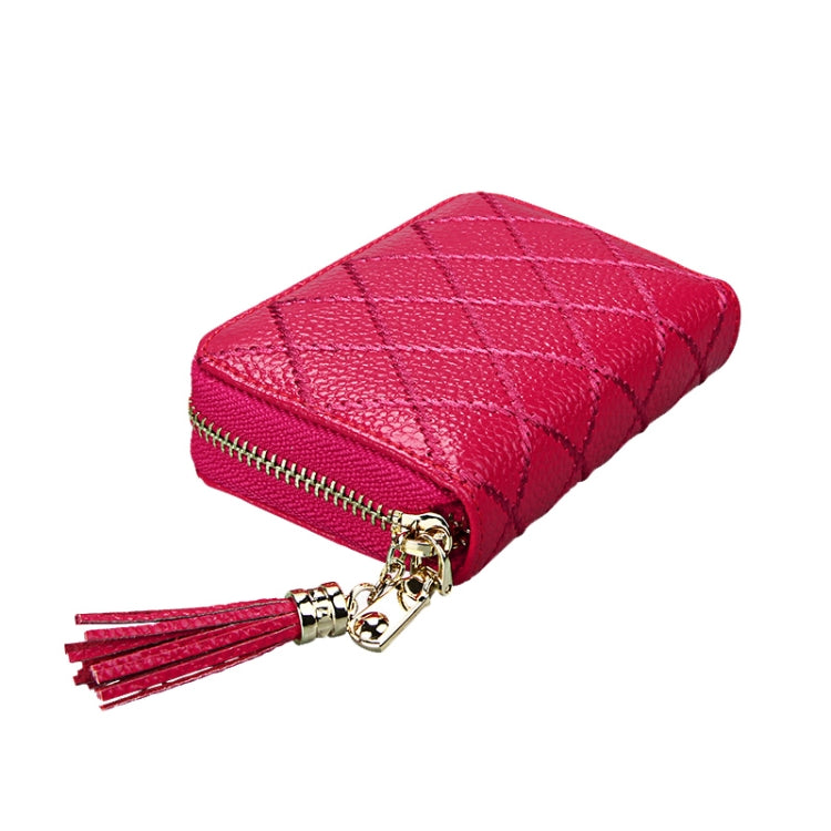 Genuine Cowhide Leather Grid Texture Zipper Card Holder Wallet RFID Blocking Card Bag Protect Case Coin Purse with Tassel Pendant & 15 Card Slots for Women, Size: 11.1*7.9*3.5cm(Coffee) - free shipping - PMC Jewellery - Order now!