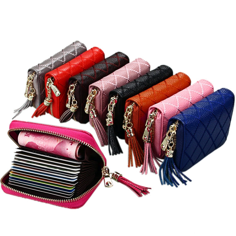 Genuine Cowhide Leather Grid Texture Zipper Card Holder Wallet RFID Blocking Card Bag Protect Case Coin Purse with Tassel Pendant & 15 Card Slots for Women, Size: 11.1*7.9*3.5cm(Coffee) - free shipping - PMC Jewellery - Order now!