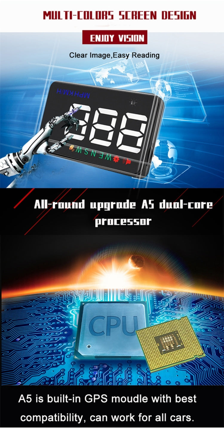 Geyiren A5 HUD 3.5 inch Car Head Up Display with GPS System, Two Mode Display, Light Sensors, KM/h MPH Speed, Compass, Speed Alarm(Black) - Head Up Display System by PMC TechLife | Online Shopping South Africa | PMC TechLife | Buy Now Pay Later Mobicred