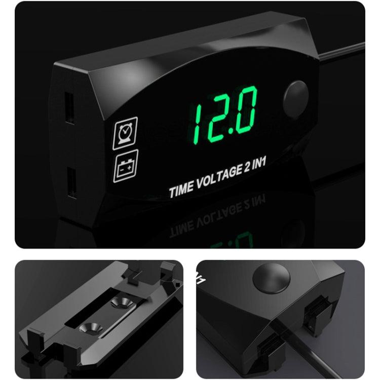 Motorcycle Multi-functional 2 in 1 Digital Display Voltmeter + Electronic Clock, 6-30V IP67 (Green Light) - free shipping - PMC TechLife - Order now!