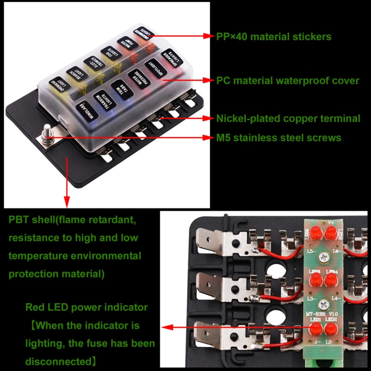 1 in 12 Out Fuse Box PC Terminal Block Fuse Holder Kits with LED Warning Indicator for Auto Car Truck Boat - Fuse by PMC TechLife | Online Shopping South Africa | PMC TechLife | Buy Now Pay Later Mobicred