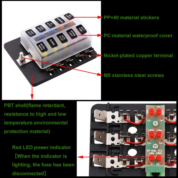 1 in 10 Out Fuse Box PC Terminal Block Fuse Holder Kits with LED Warning Indicator for Auto Car Truck Boat - Fuse by PMC TechLife | Online Shopping South Africa | PMC TechLife | Buy Now Pay Later Mobicred