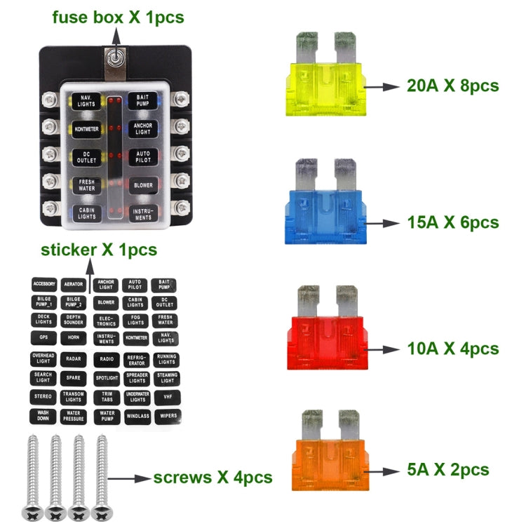 1 in 10 Out Fuse Box Screw Terminal Section Fuse Holder Kits with LED Warning Indicator for Auto Car Truck Boat - Fuse by PMC TechLife | Online Shopping South Africa | PMC TechLife | Buy Now Pay Later Mobicred
