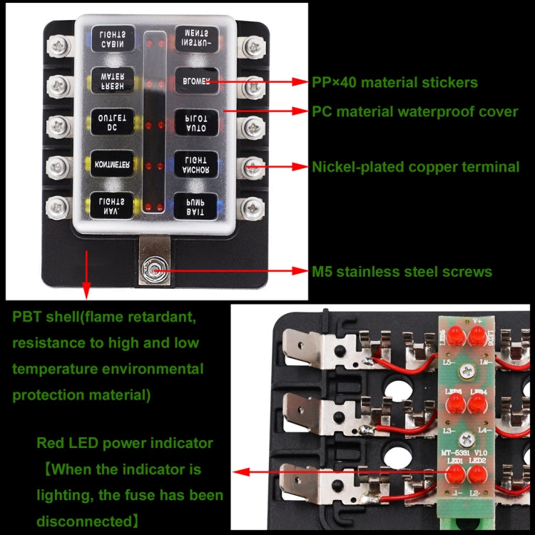 1 in 10 Out Fuse Box Screw Terminal Section Fuse Holder Kits with LED Warning Indicator for Auto Car Truck Boat - Fuse by PMC TechLife | Online Shopping South Africa | PMC TechLife | Buy Now Pay Later Mobicred