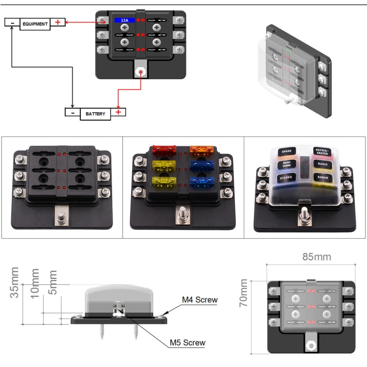 1 in 6 Out 6 Way Circuit Fuse Box Screw Terminal Section Fuse Holder Kits with LED Warning Indicator for Auto Car Truck Boat - free shipping - PMC TechLife - Order now!