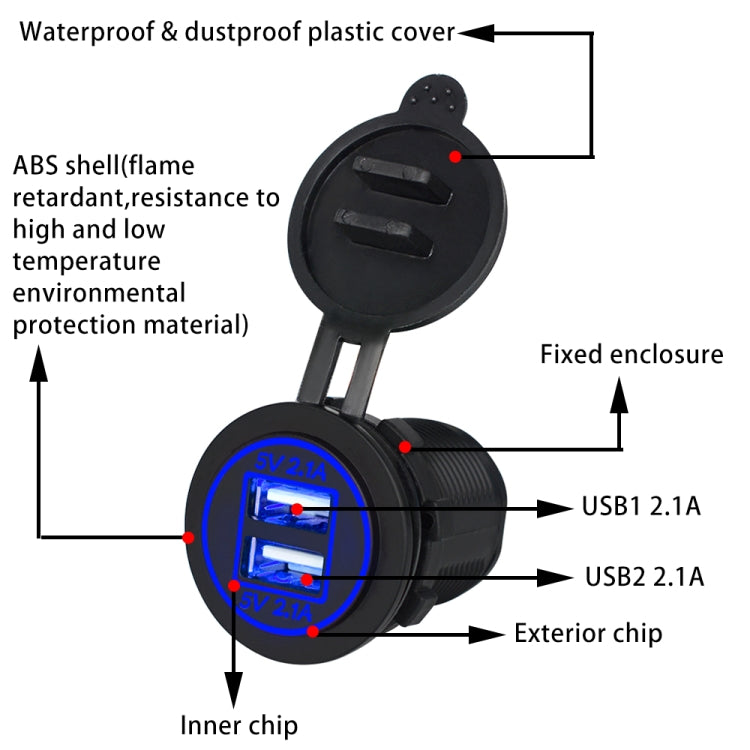 Universal Car Charger 2 Port Power Socket Power Dual USB Charger 5V 4.2A IP66 with Aperture(Blue Light) - DIY Modified Charger by PMC TechLife | Online Shopping South Africa | PMC TechLife | Buy Now Pay Later Mobicred