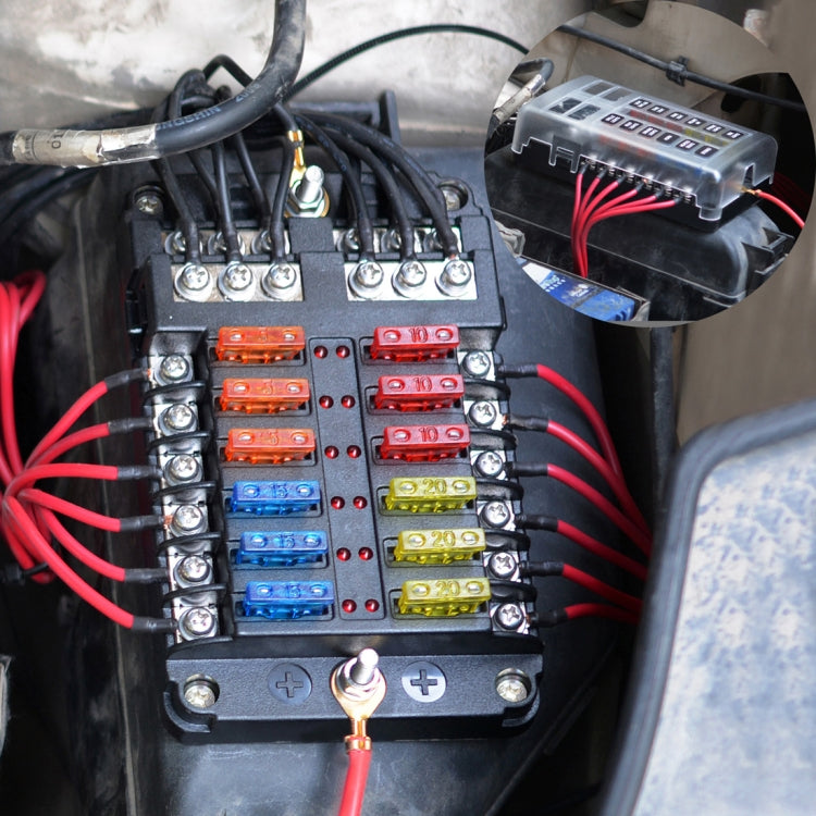 Independent Positive and Negative 1 in 12 Out 12 Way Circuit Blade Fuse Box Fuse Holder Kits with LED Warning Indicator for Auto Car Truck Boat - Fuse by PMC TechLife | Online Shopping South Africa | PMC TechLife | Buy Now Pay Later Mobicred