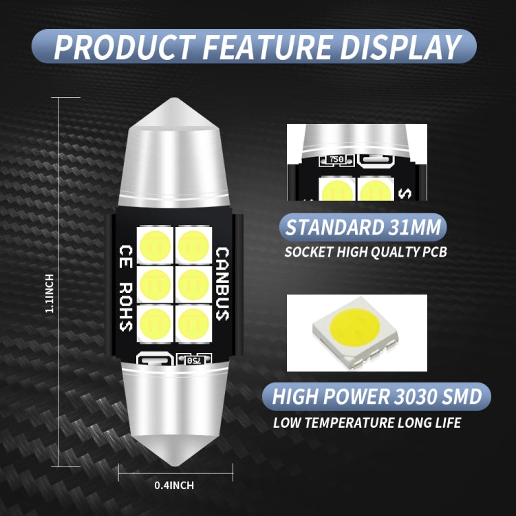 2 PCS 31mm DC12V-24V 3W 6000K 660LM 6LEDs SMD-3030 Car Reading Lamp / License Plate Light - free shipping - PMC TechLife - Order now!