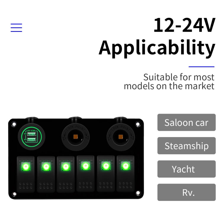 Multi-functional Combination Switch Panel 12V / 24V 6 Way Switches + Dual USB Charger for Car RV Marine Boat (Green Light) - Car Switches by PMC TechLife | Online Shopping South Africa | PMC TechLife | Buy Now Pay Later Mobicred
