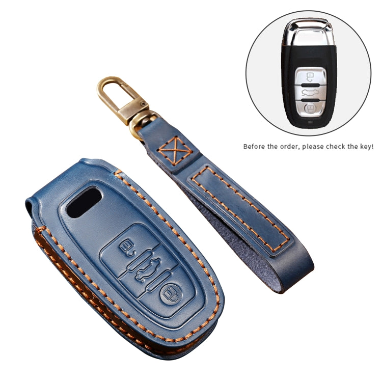 Hallmo Car Cowhide Leather Key Protective Cover Key Case for Audi A6L / A8L / A4 / A7 / A5 B Style(Blue) - Car Key Cases by Hallmo | Online Shopping South Africa | PMC TechLife | Buy Now Pay Later Mobicred