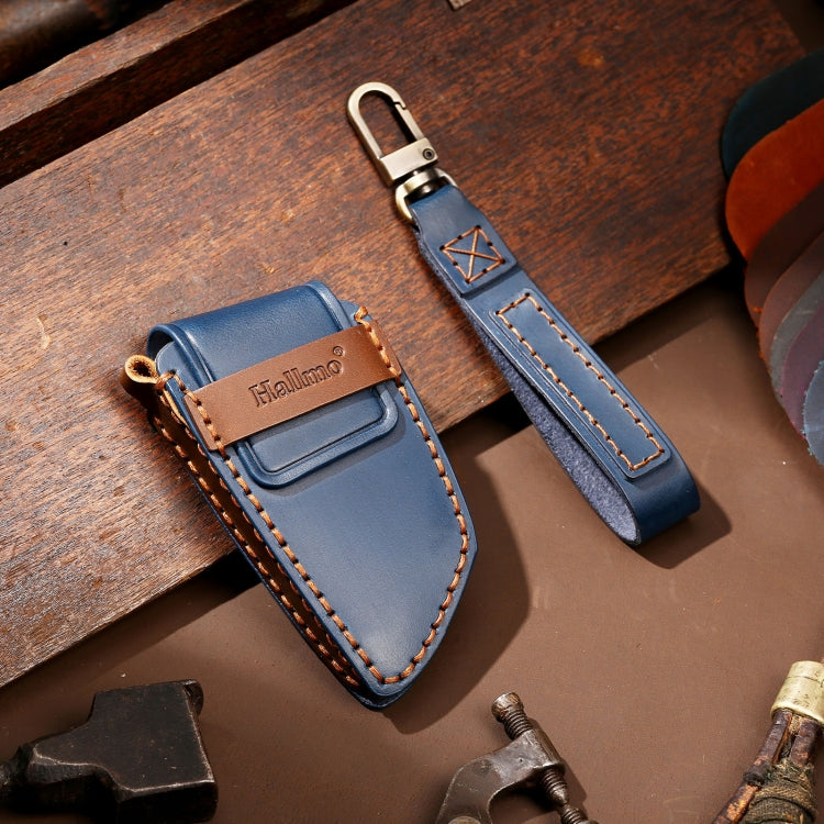 Hallmo Car Cowhide Leather Key Protective Cover Key Case for BMW Blade Style(Blue) - Car Key Cases by Hallmo | Online Shopping South Africa | PMC TechLife | Buy Now Pay Later Mobicred