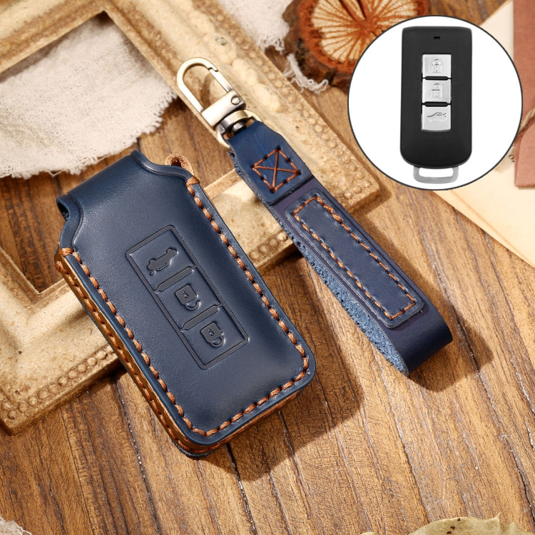 Hallmo Car Cowhide Leather Key Protective Cover Key Case for Mitsubishi Outlander(Blue) - Car Key Cases by Hallmo | Online Shopping South Africa | PMC TechLife | Buy Now Pay Later Mobicred