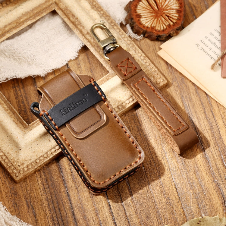 Hallmo Car Cowhide Leather Key Protective Cover Key Case for Mitsubishi Outlander(Brown) - Car Key Cases by Hallmo | Online Shopping South Africa | PMC TechLife | Buy Now Pay Later Mobicred