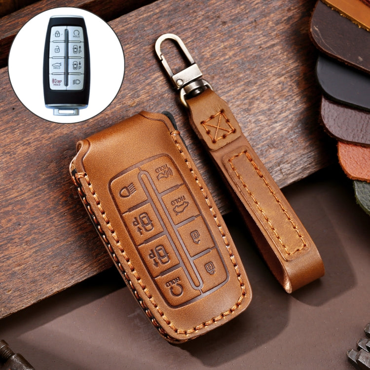 Hallmo Car Cowhide Leather Key Protective Cover Key Case for Hyundai Rohens Genesis 8-button(Brown) - Car Key Cases by Hallmo | Online Shopping South Africa | PMC TechLife | Buy Now Pay Later Mobicred