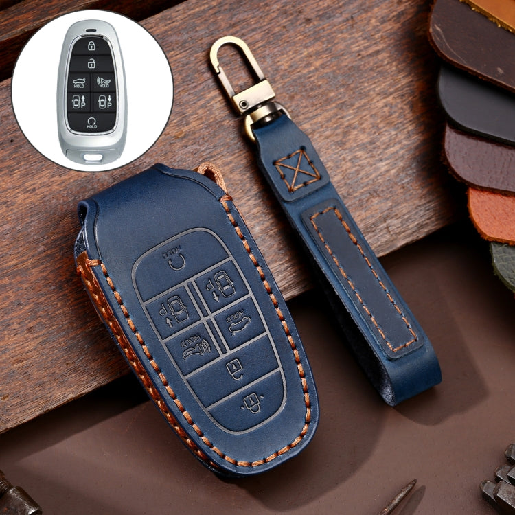 Hallmo Car Cowhide Leather Key Protective Cover Key Case for Hyundai 7-button(Blue) - free shipping - PMC TechLife - Order now!