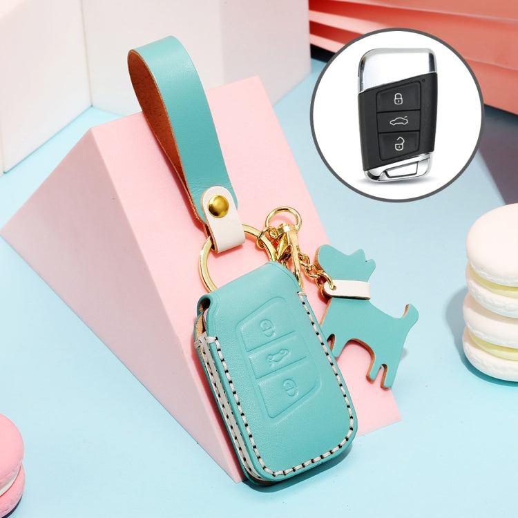 Hallmo Car Female Style Cowhide Leather Key Protective Cover for Volkswagen, A Type(Lake Blue) - Car Key Cases by Hallmo | Online Shopping South Africa | PMC TechLife | Buy Now Pay Later Mobicred