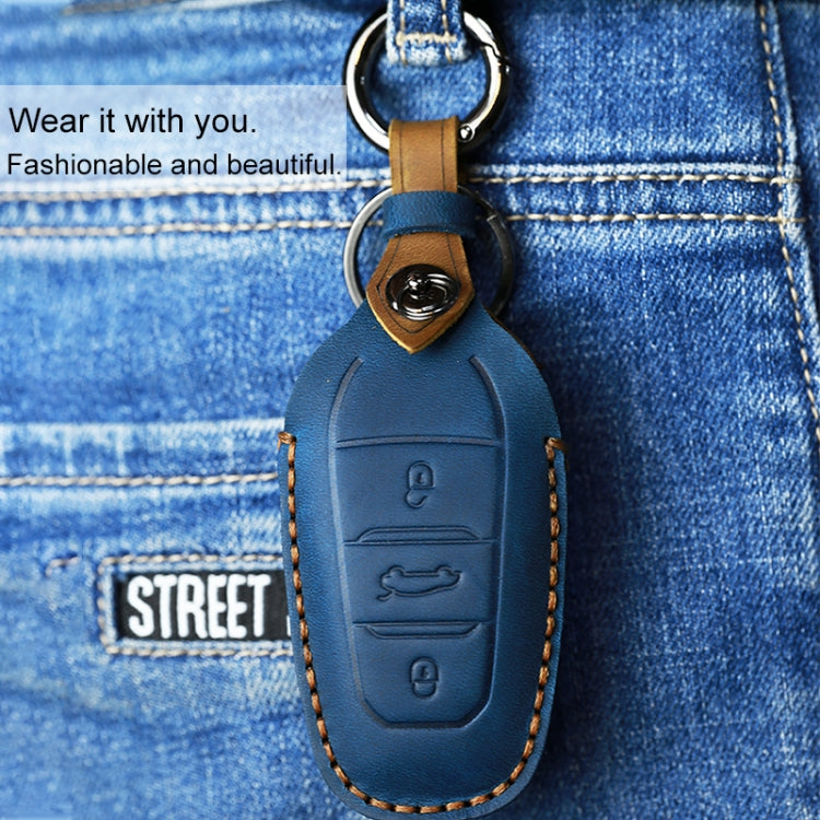 For PEUGEOT Car Cowhide Leather Key Protective Cover Key Case(Blue) - Car Key Cases by PMC TechLife | Online Shopping South Africa | PMC TechLife | Buy Now Pay Later Mobicred