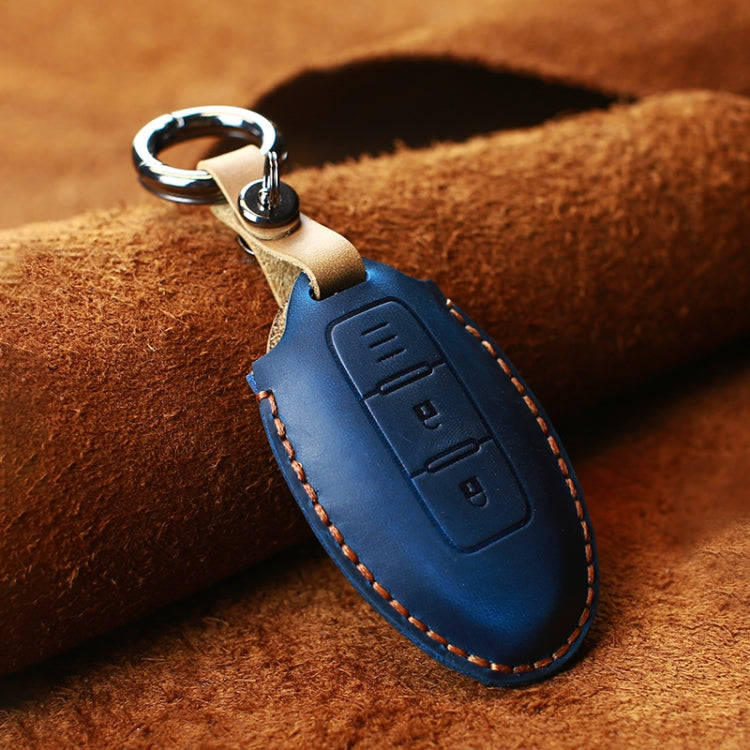 For Nissan Car Cowhide Leather Key Protective Cover Key Case, Three Keys Horizontal Line Version (Blue) - Car Key Cases by PMC Jewellery | Online Shopping South Africa | PMC Jewellery | Buy Now Pay Later Mobicred
