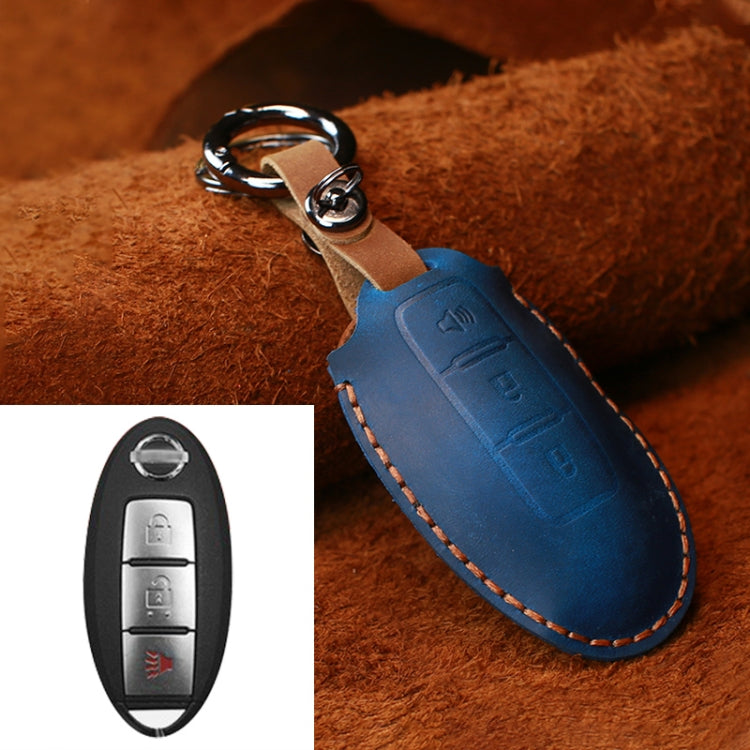 For Nissan Car Cowhide Leather Key Protective Cover Key Case, Three Keys Horn Version (Blue) - Car Key Cases by PMC Jewellery | Online Shopping South Africa | PMC Jewellery | Buy Now Pay Later Mobicred