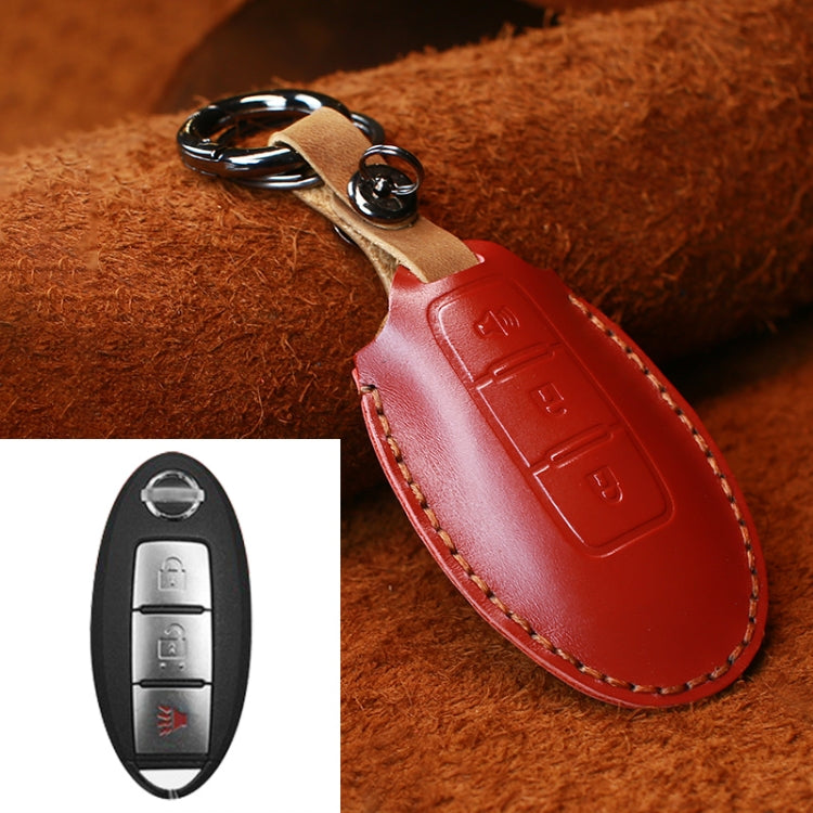 For Nissan Car Cowhide Leather Key Protective Cover Key Case, Three Keys Horn Version (Red) - Car Key Cases by PMC Jewellery | Online Shopping South Africa | PMC Jewellery | Buy Now Pay Later Mobicred
