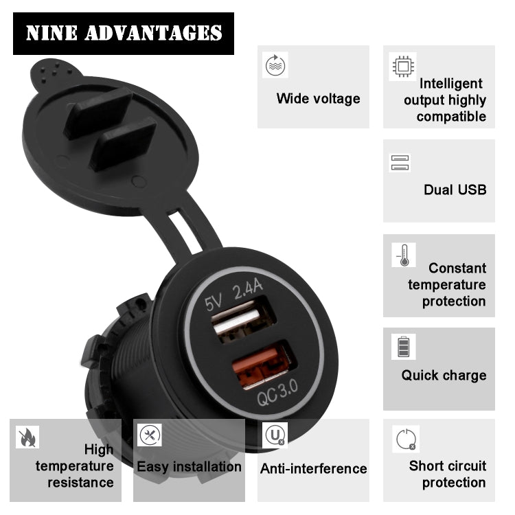 Universal Car QC3.0 Dual Port USB Charger Power Outlet Adapter 5V 2.4A IP66 with 60cm Cable(Blue Light) - DIY Modified Charger by PMC TechLife | Online Shopping South Africa | PMC TechLife | Buy Now Pay Later Mobicred