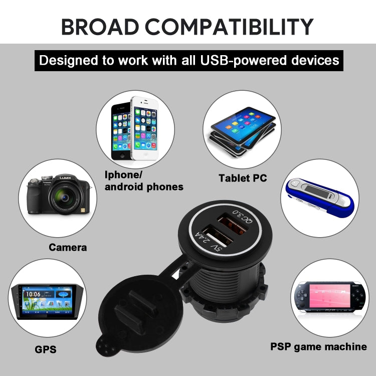 Universal Car QC3.0 Dual Port USB Charger Power Outlet Adapter 5V 2.4A IP66 with 60cm Cable(Green Light) - free shipping - PMC TechLife - Order now!