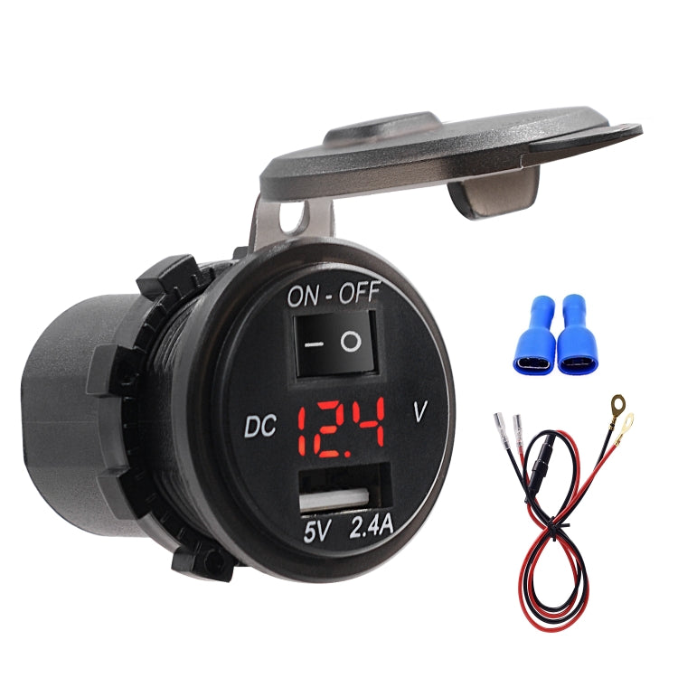 Universal Car Single Port USB Charger Power Outlet Adapter 2.4A 5V IP66 with LED Digital Voltmeter + Switch + 60cm Cable(Red Light) - DIY Modified Charger by PMC TechLife | Online Shopping South Africa | PMC TechLife | Buy Now Pay Later Mobicred