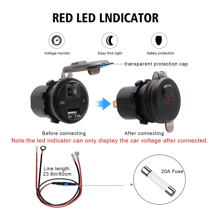 Universal Car Single Port USB Charger Power Outlet Adapter 2.4A 5V IP66 with LED Digital Voltmeter + Switch + 60cm Cable(Red Light) - DIY Modified Charger by PMC TechLife | Online Shopping South Africa | PMC TechLife | Buy Now Pay Later Mobicred