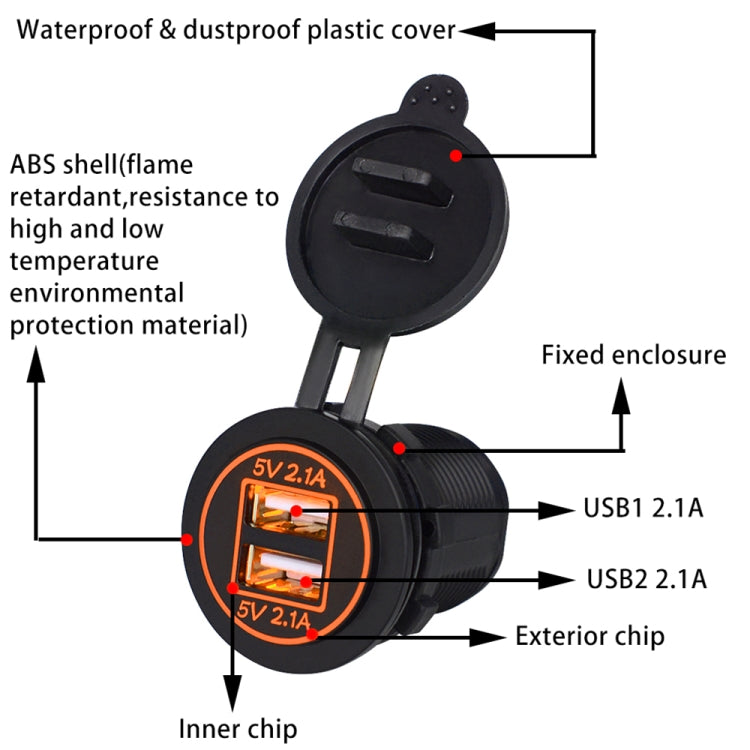 Universal Car Dual USB Charger Power Outlet Adapter 4.2A 5V IP66 with Aperture + 60cm Cable(Orange Light) - DIY Modified Charger by PMC TechLife | Online Shopping South Africa | PMC TechLife | Buy Now Pay Later Mobicred