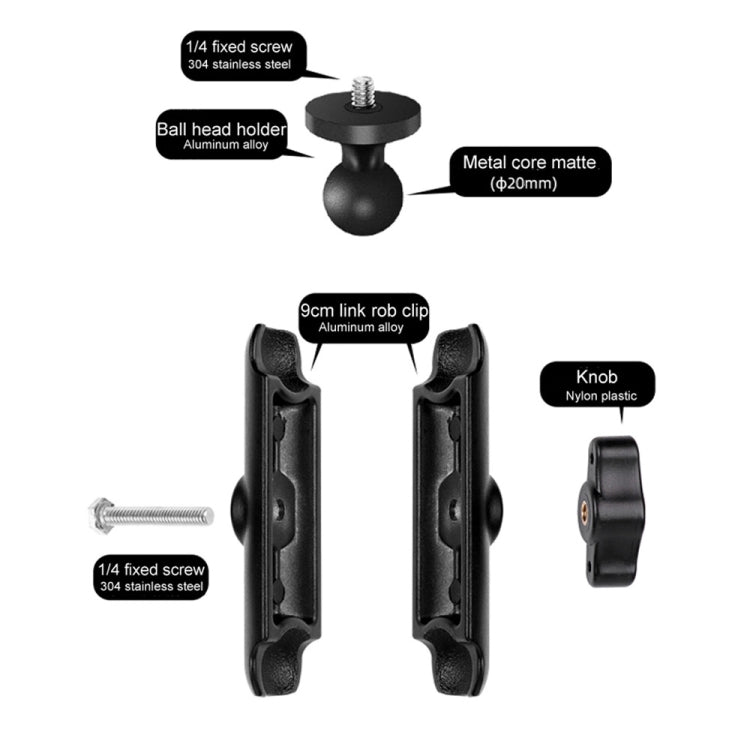 9.0cm Connecting Rod 20mm Ball Head Motorcycle Rearview Mirror Screw Hole Fixed Mount Holder with Tripod Adapter & Screw for GoPro, Insta360, DJI and Other Action Cameras(Black) - Bicycle Handlebar Mount by PMC TechLife | Online Shopping South Africa | PMC TechLife | Buy Now Pay Later Mobicred