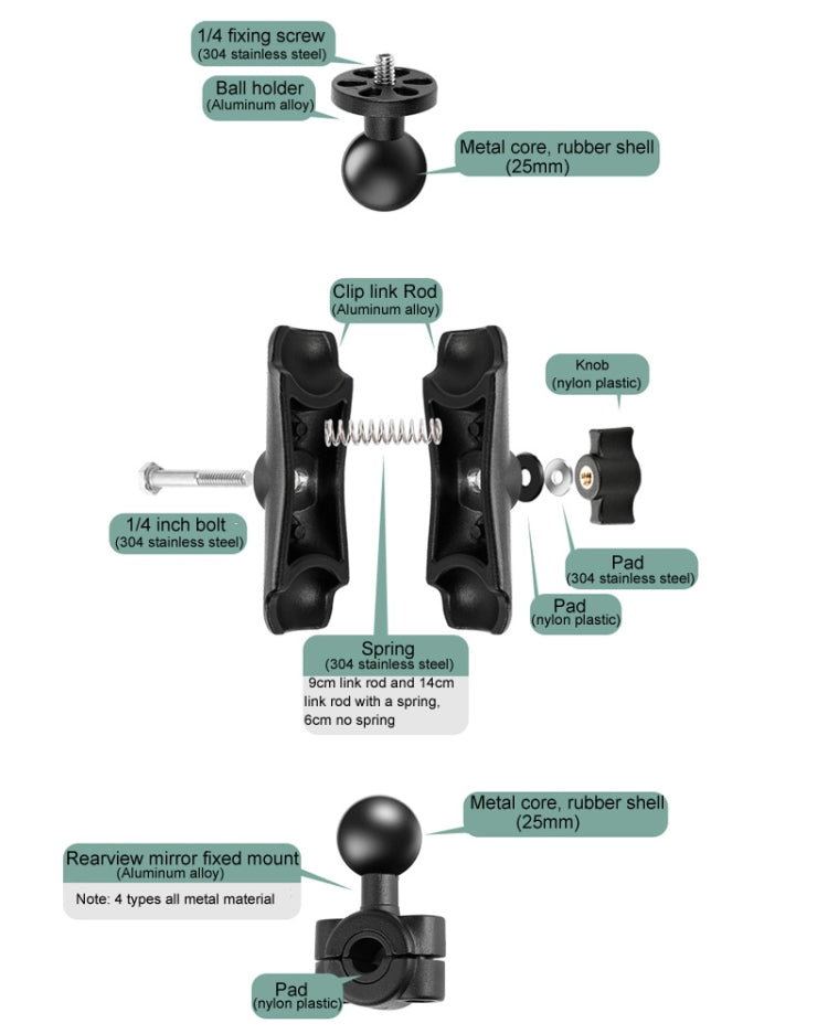 25mm Ball Head Motorcycle Rearview Mirror Fixed Mount Holder with 4 Styles Gaskets for GoPro, Insta360, DJI and Other Action Cameras(Black) - Bicycle Handlebar Mount by PMC TechLife | Online Shopping South Africa | PMC TechLife | Buy Now Pay Later Mobicred